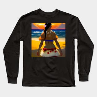 Hula Girl Hawaiian Luau Impressionist Painting Hawaii Sunset Pearls Long Sleeve T-Shirt